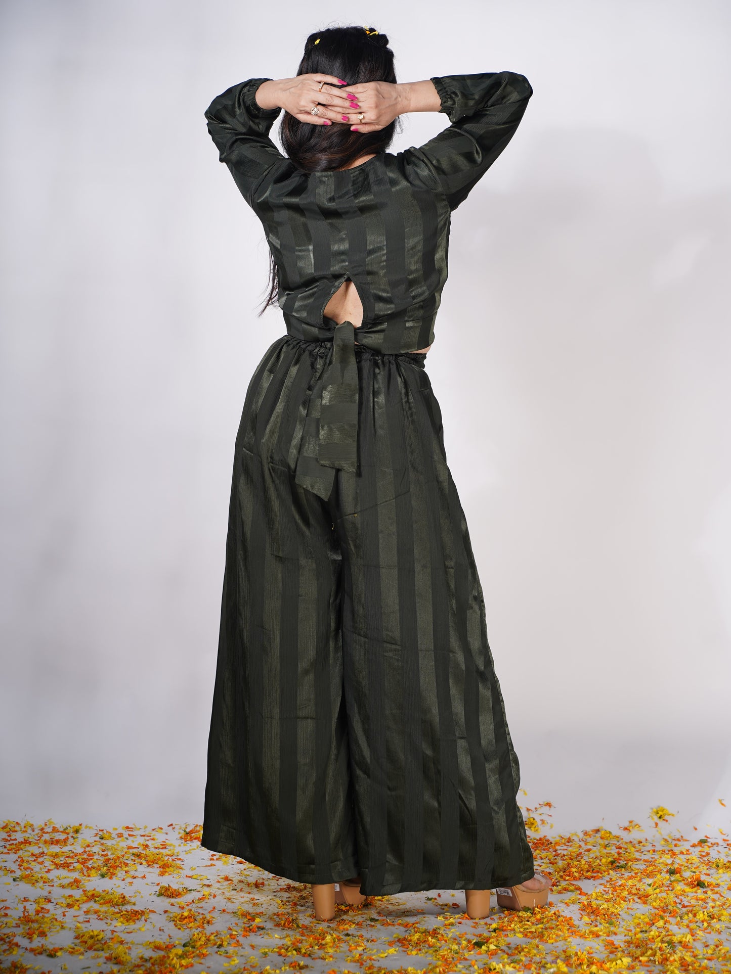 BOTTLE GREEN FESTIV CROP TOP WITH PALAZZO PANTS