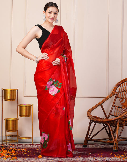 Red hand painted paper organza saree