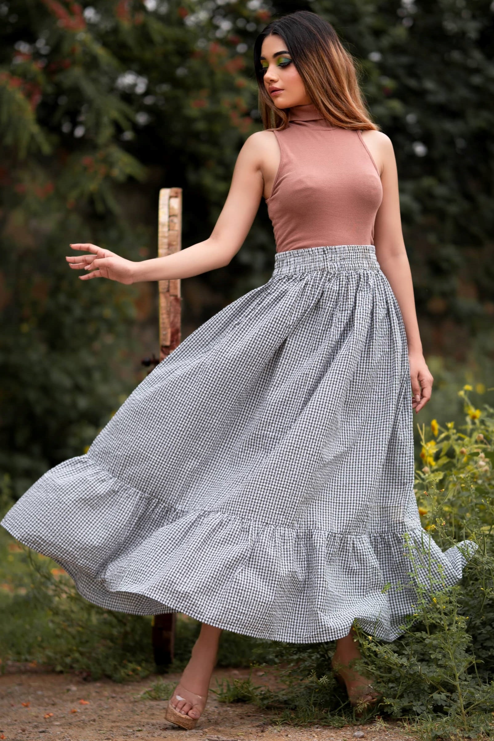 Gingham check outlet long skirt