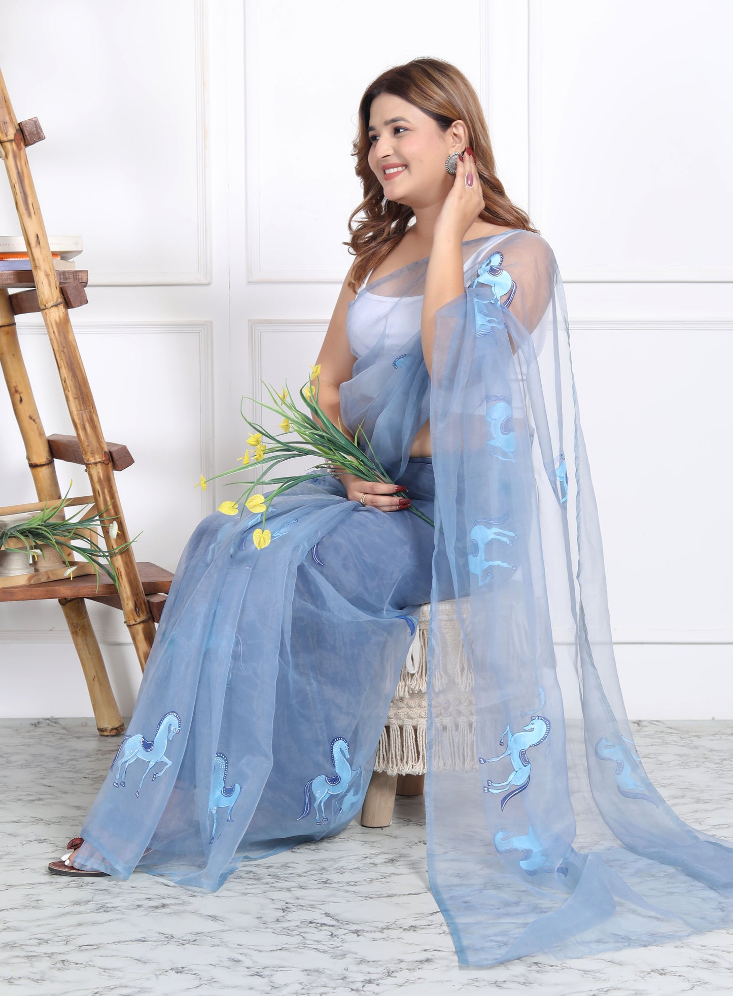 AAKRIT BLUE HORSE HANDPAINTED ORGANZA SAARE