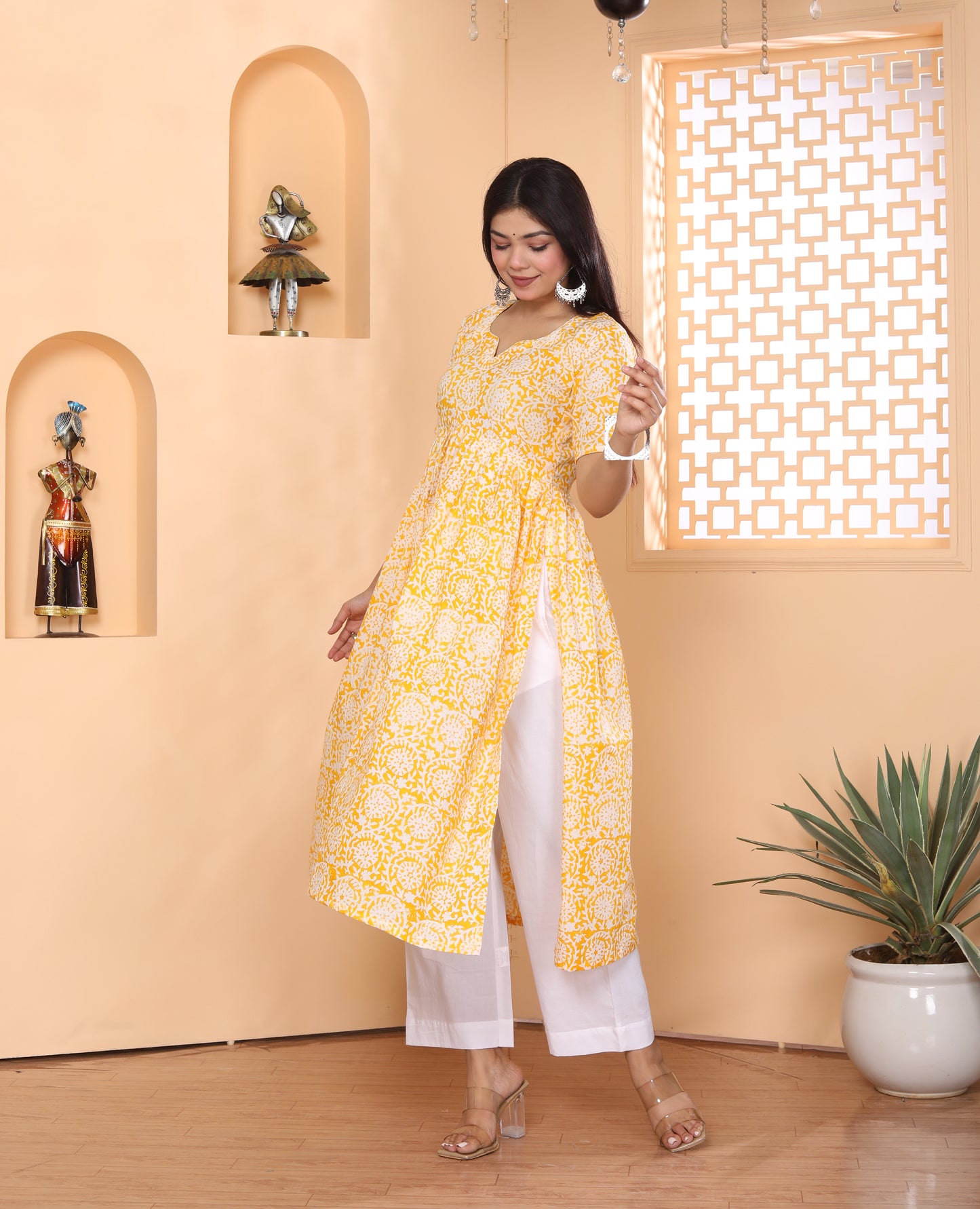 YELLOW AJRAKH PRINT ALIA CUT HANDBLOCK COTTON KURTI