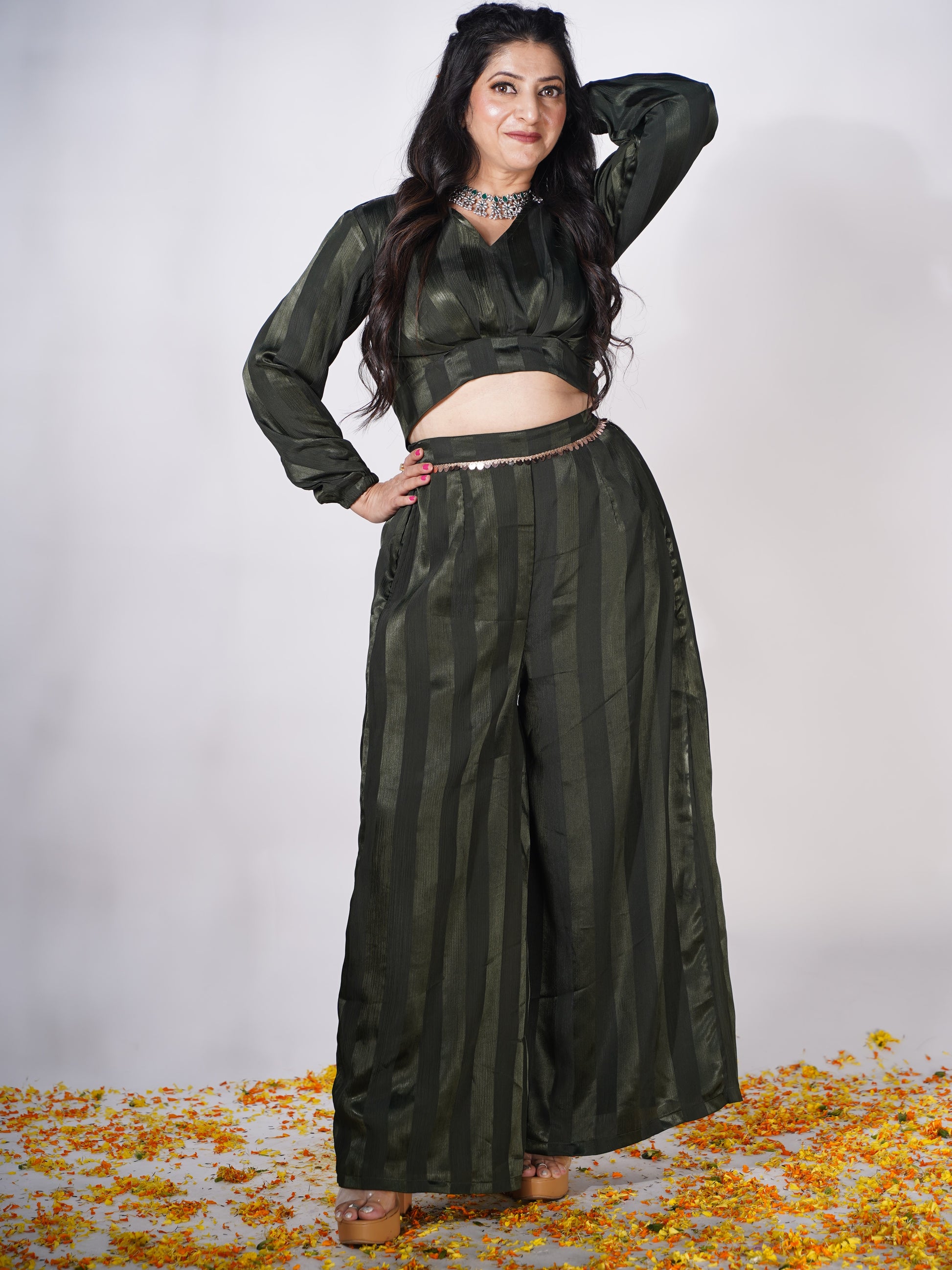 Women Black Embroidered Sequin Crop Top With Palazzo Pants And Shrug -  VitansEthnics