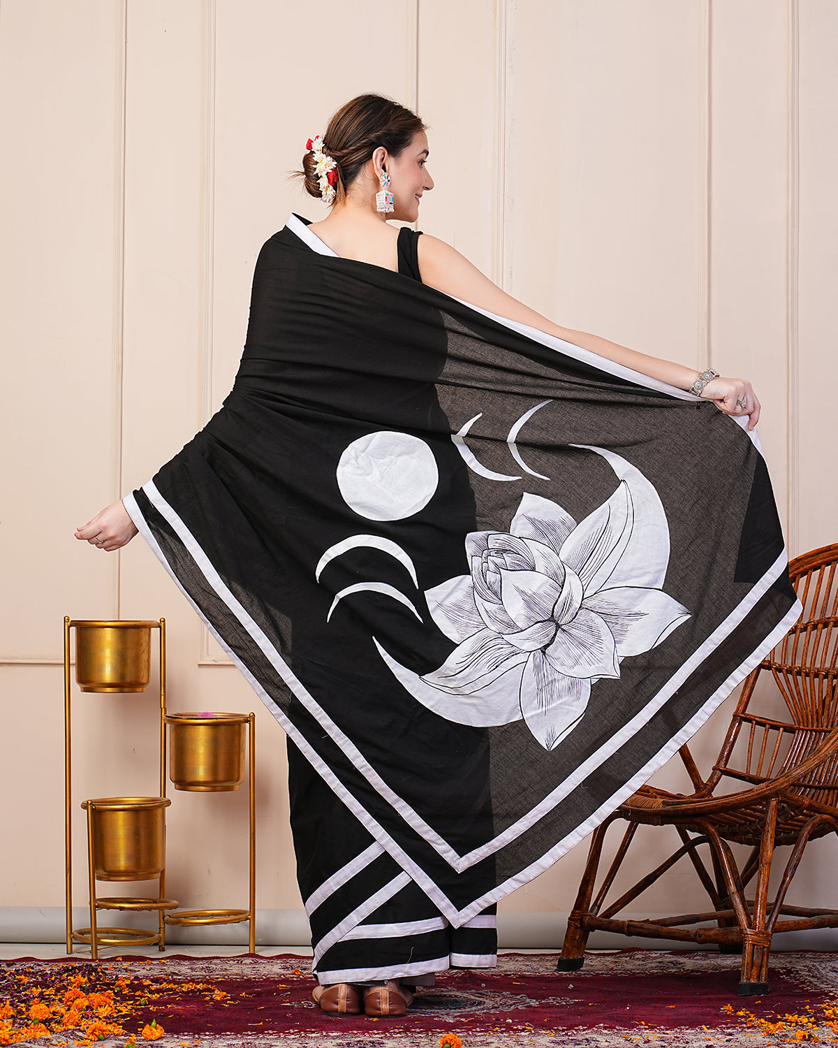 Black handpainted cotton saree