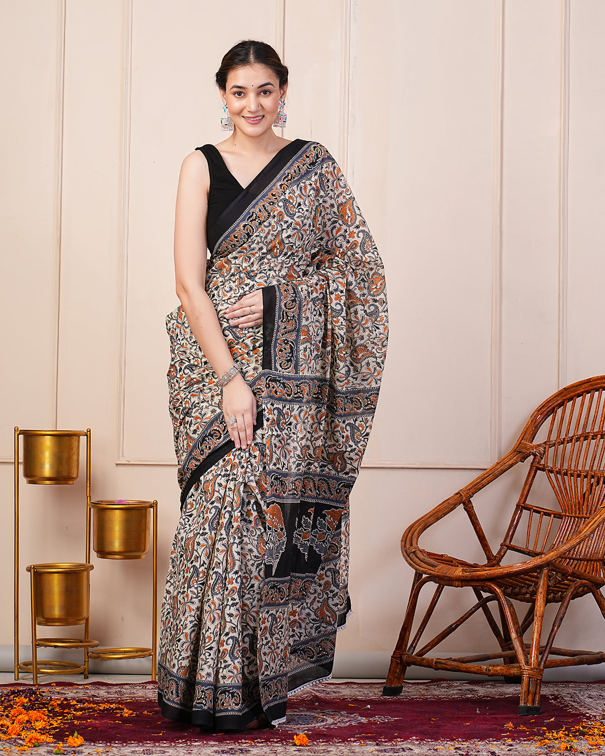 Black border hand printed cotton saree