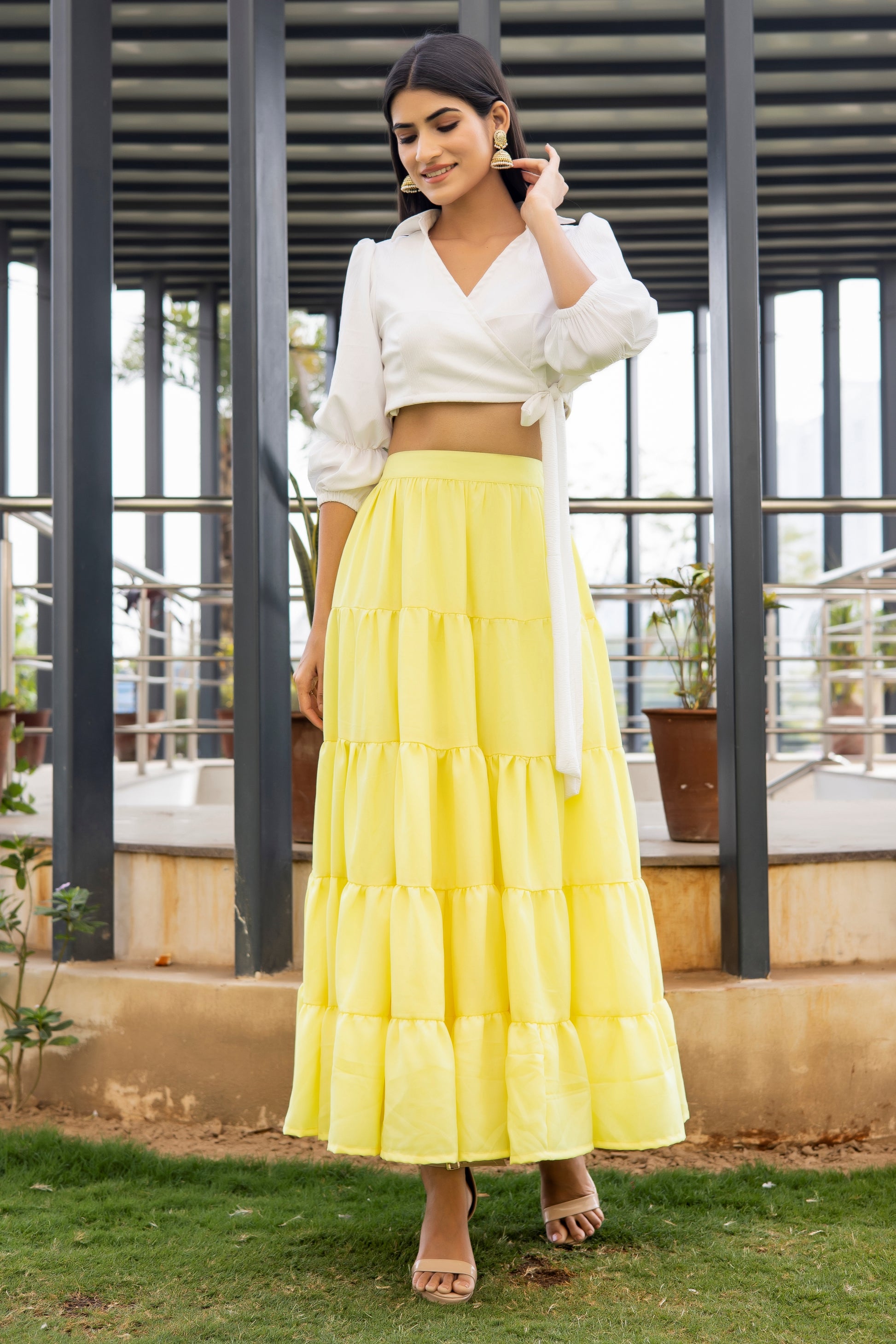 Yellow top discount white skirt