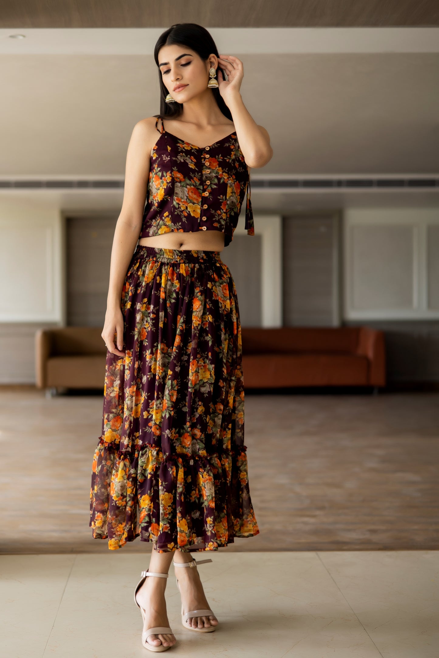 BROWN FLORAL SKIRT TOP CO-ORD SET