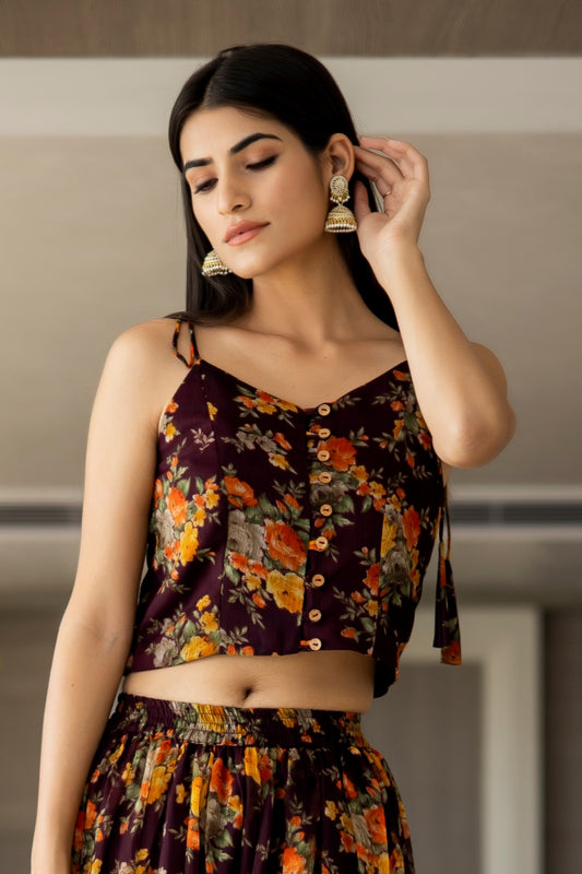 BROWN FLORAL STRAPPY TOP