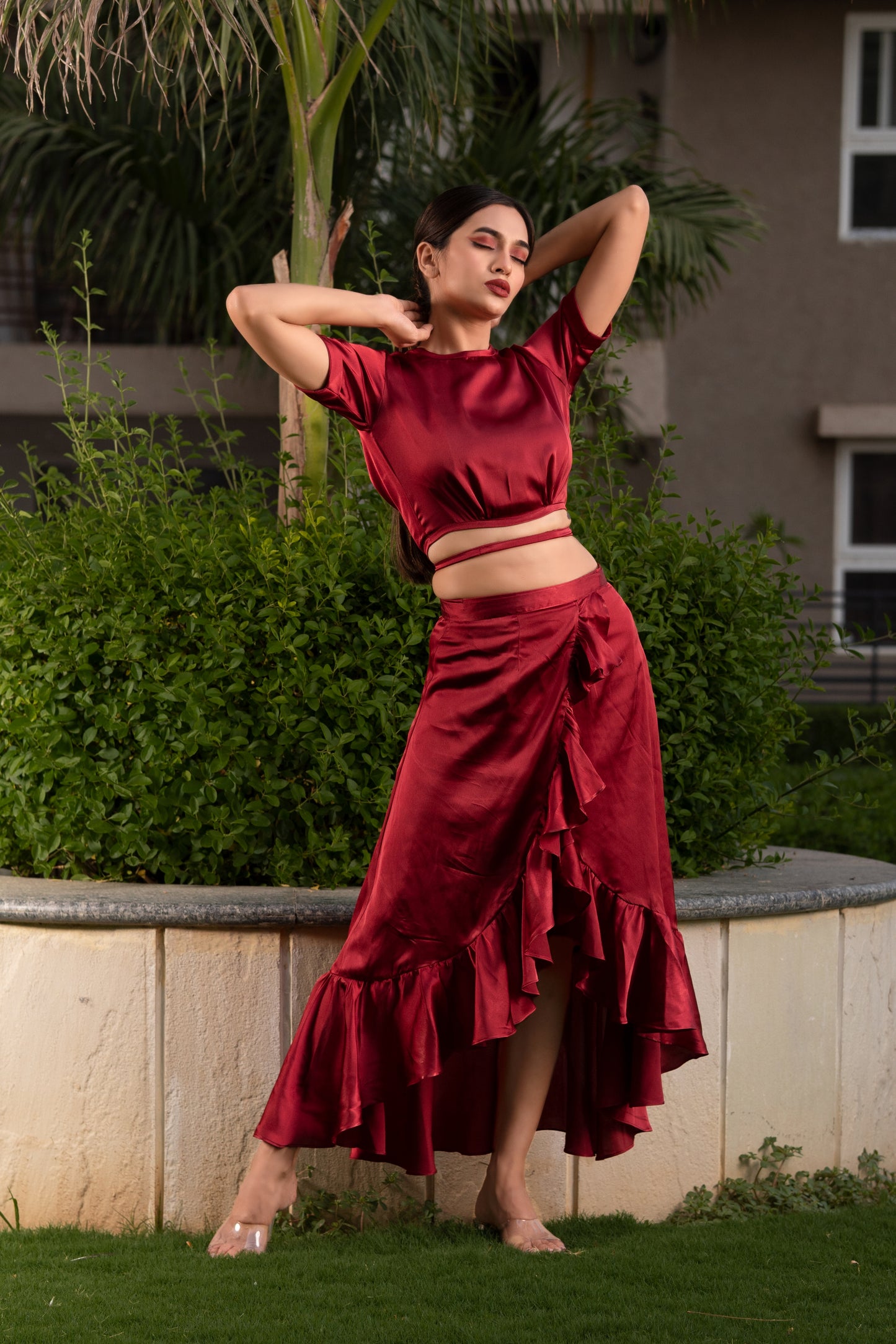 MAROON CO-ORD SET WRAP AROUND SKIRT WITH  CROP CLUB TOP