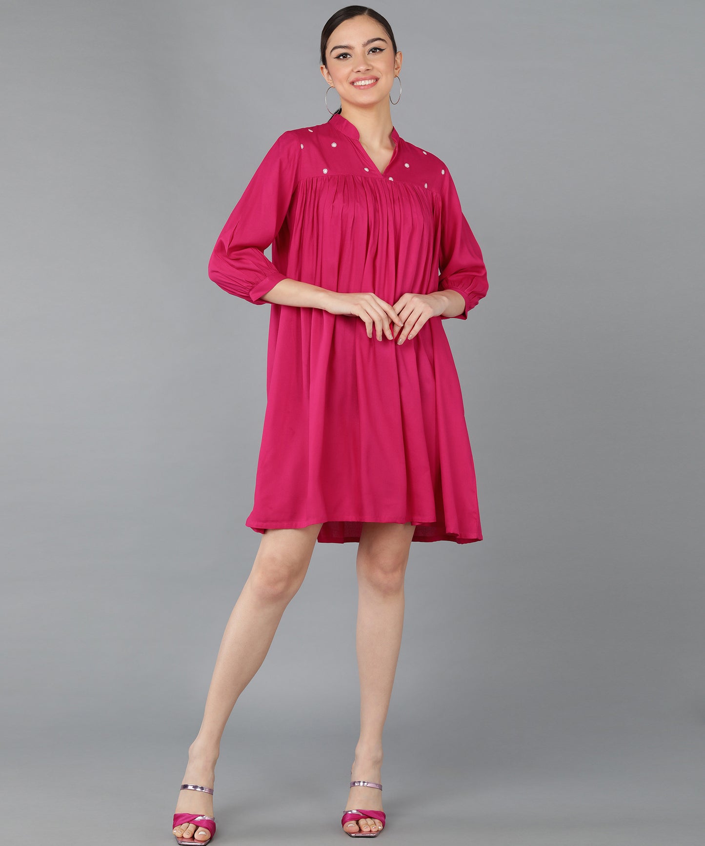 Pink Rayon Solid Embroidered Tunic