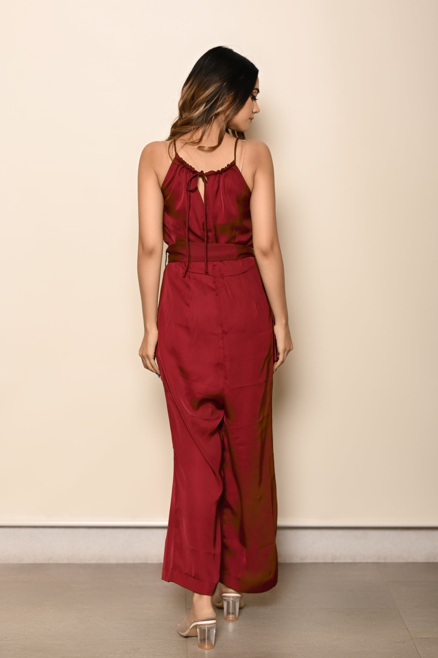 BURGUNDY HALTERNECK JUMPSUIT