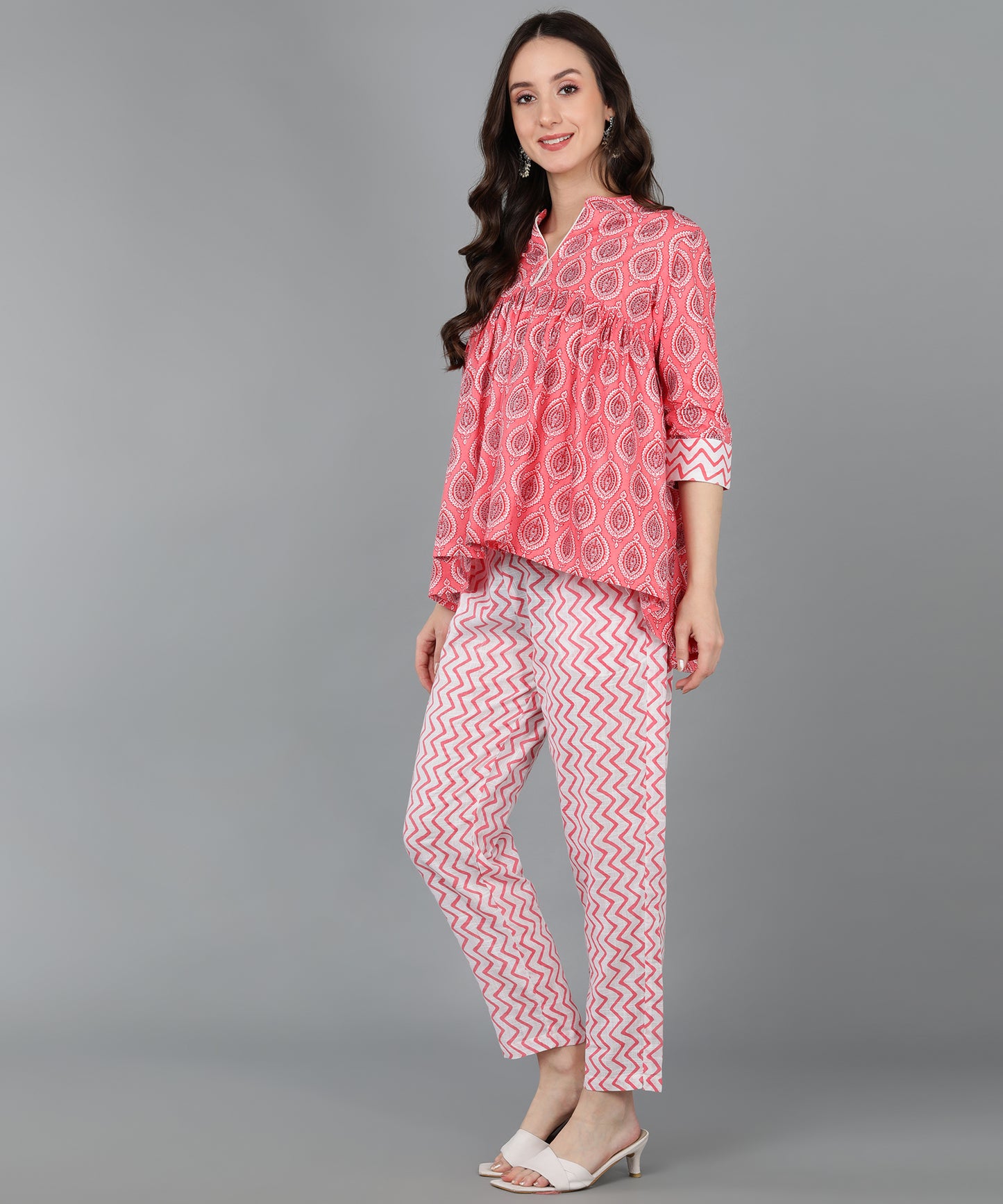 Pink Cotton Printed Top With Trouser