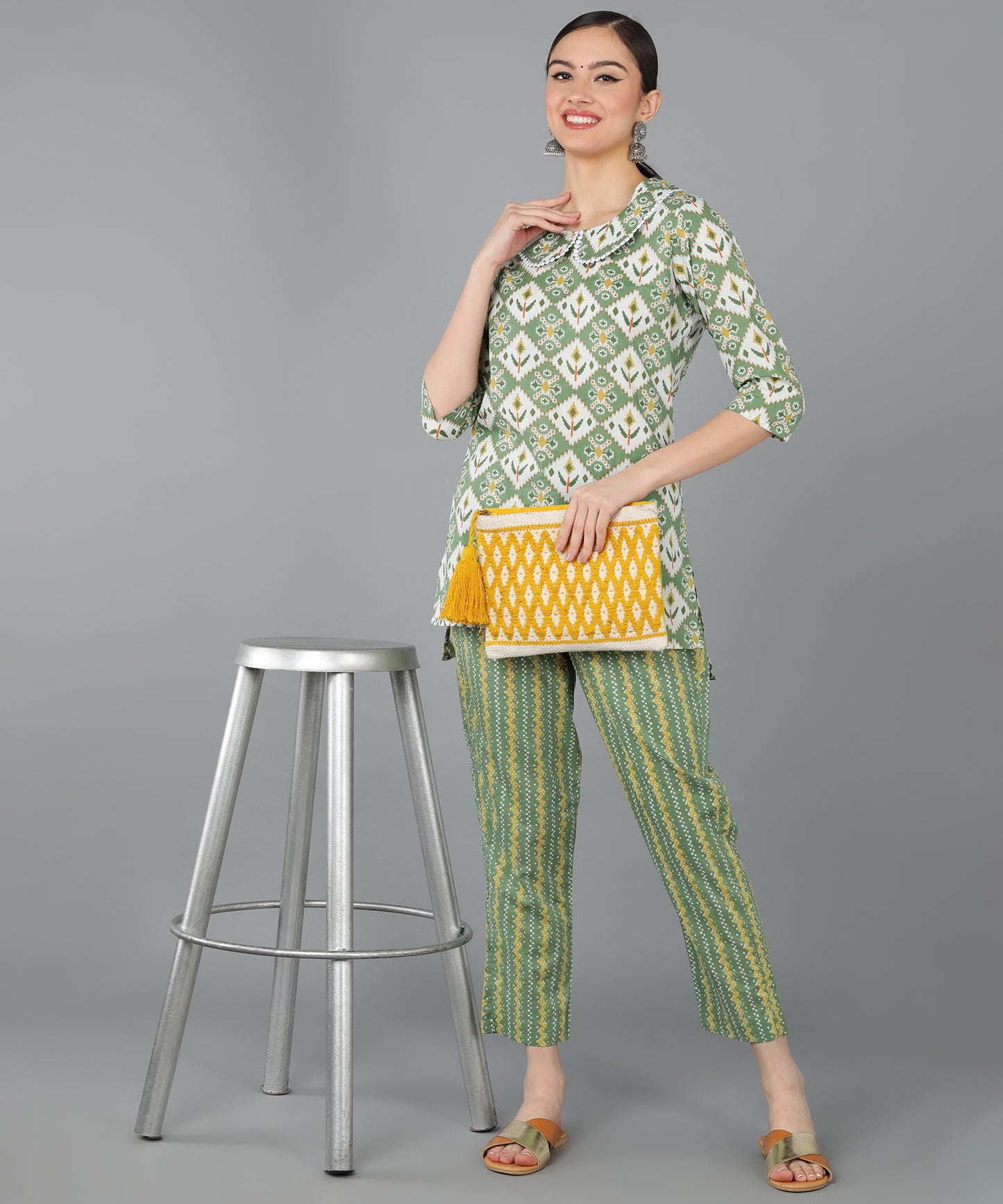 Olive green Cotton Printed Top & Trouser