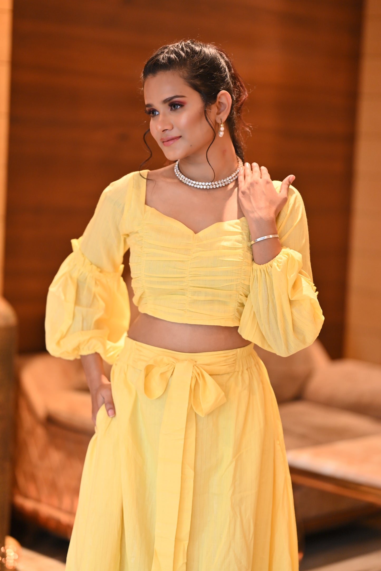 YELLOW GATHERED FULL SLEEVES CROP TOP